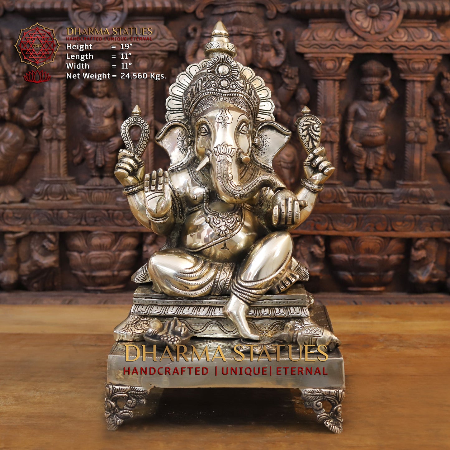 Brass Ganesh seated on Chowki, Blessing Posture, 19"