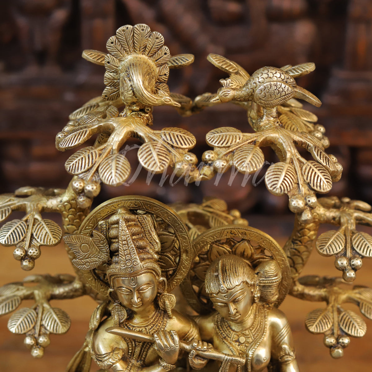 Brass Radha & Krishna Playing Flute Under Tree, Golden Finish, 16.5"