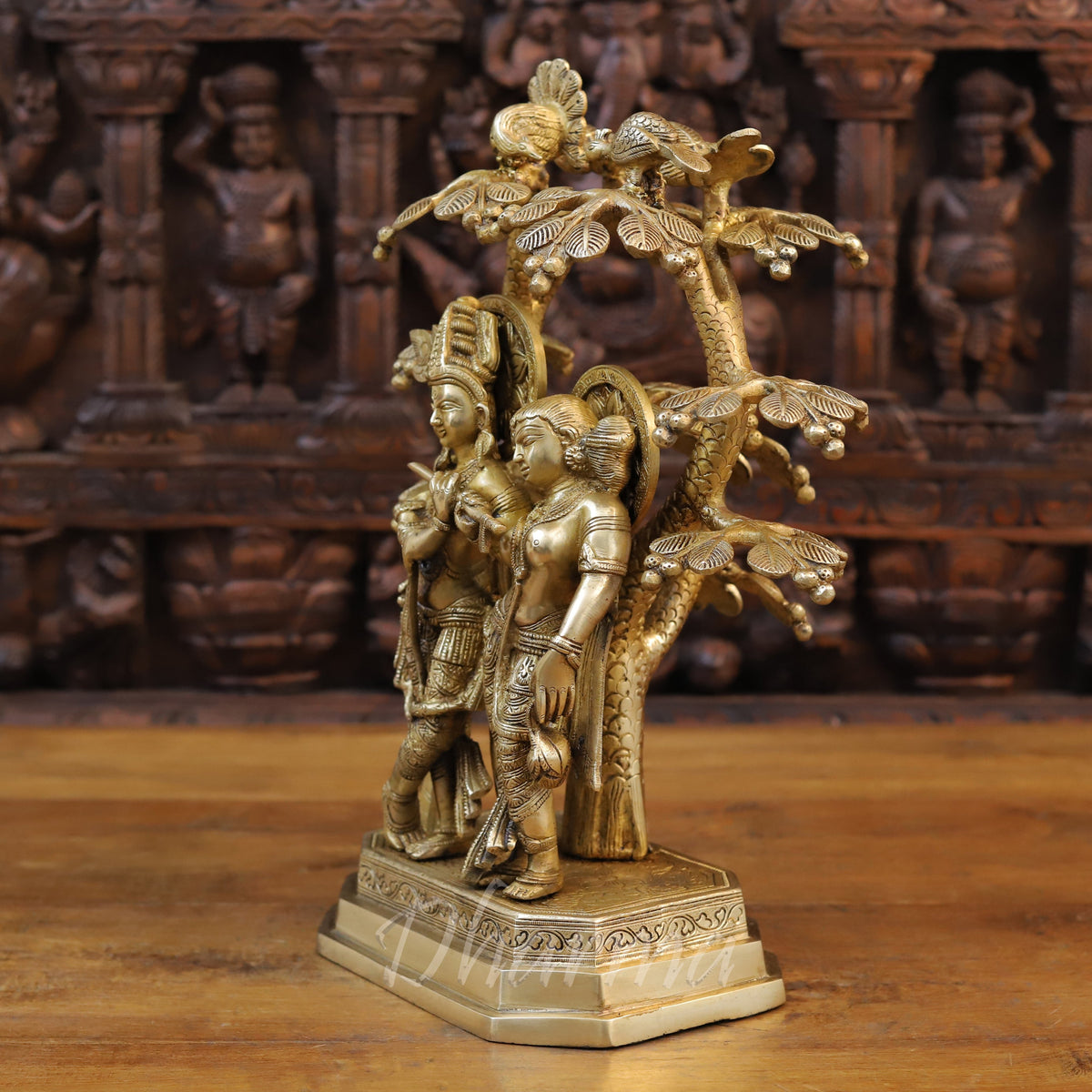 Brass Radha & Krishna Playing Flute Under Tree, Golden Finish, 16.5"