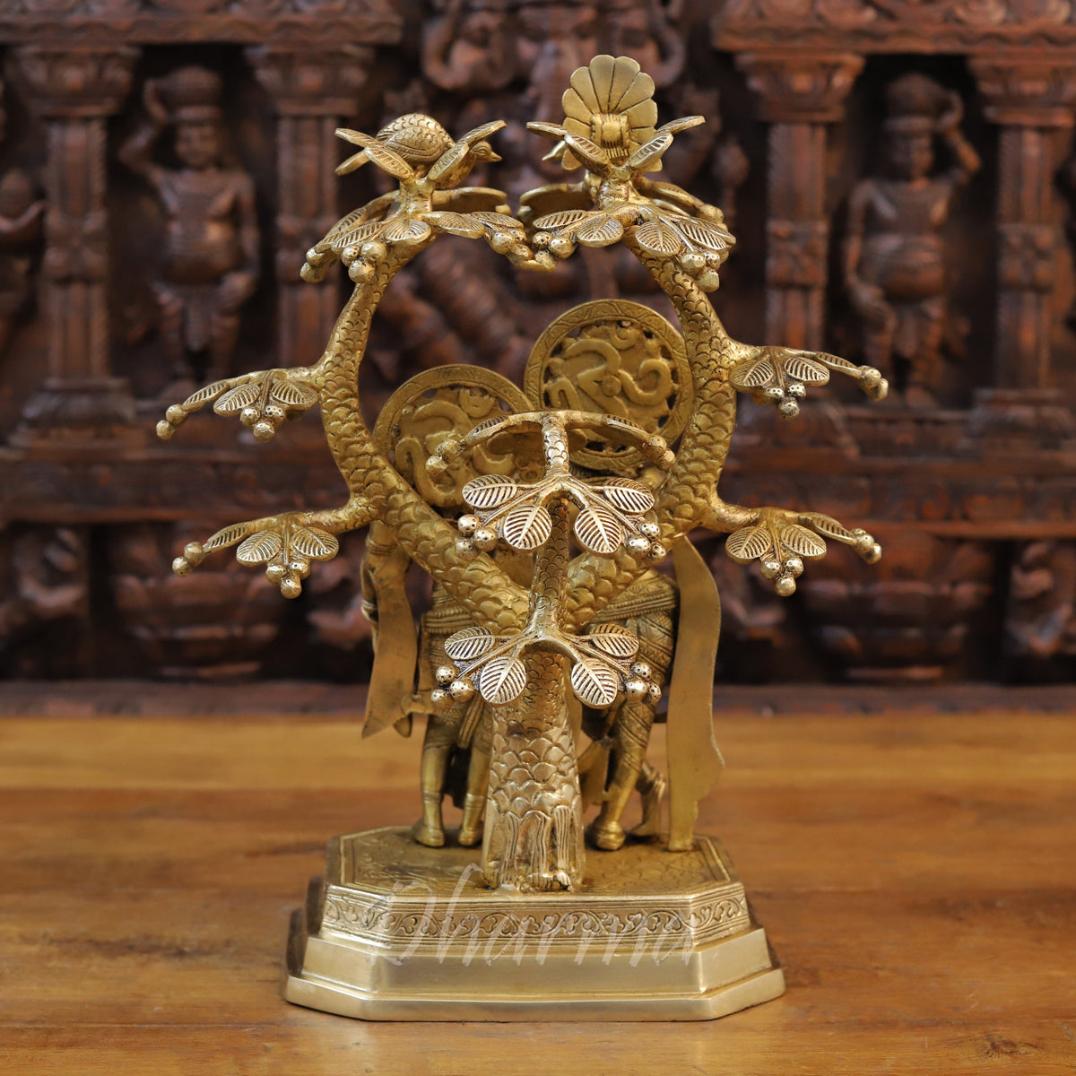 Brass Radha & Krishna Playing Flute Under Tree, Golden Finish, 16.5"