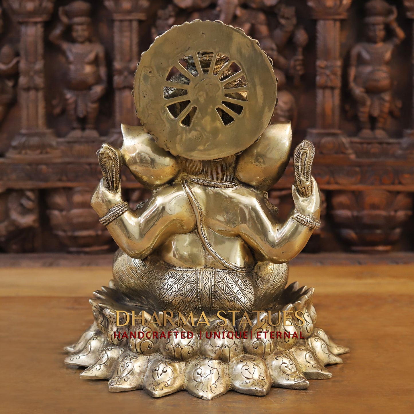 Brass Ganesh seated on Lotus, Blessing Position, Golden Finish, 15"