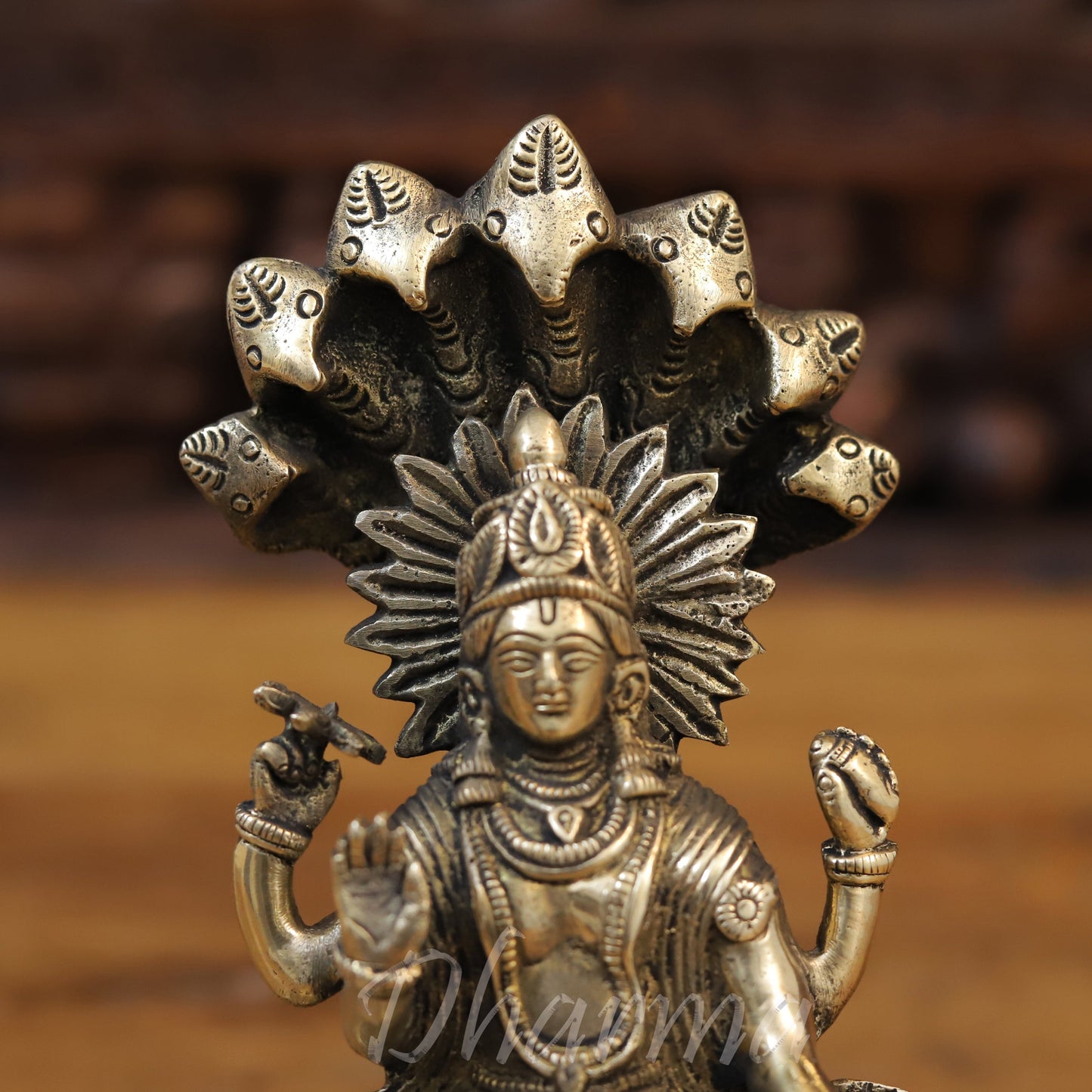 Brass Lord Vishnu Idol Sitting on Sheshnag, Fine Golden Finish, 8"