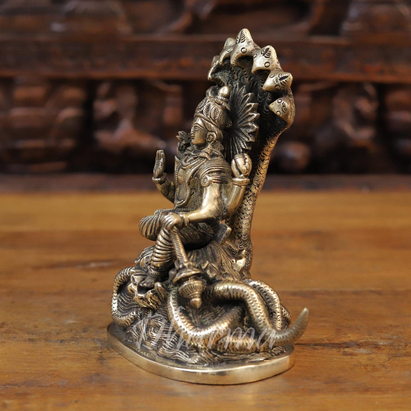 Brass Lord Vishnu Idol Sitting on Sheshnag, Fine Golden Finish, 8"