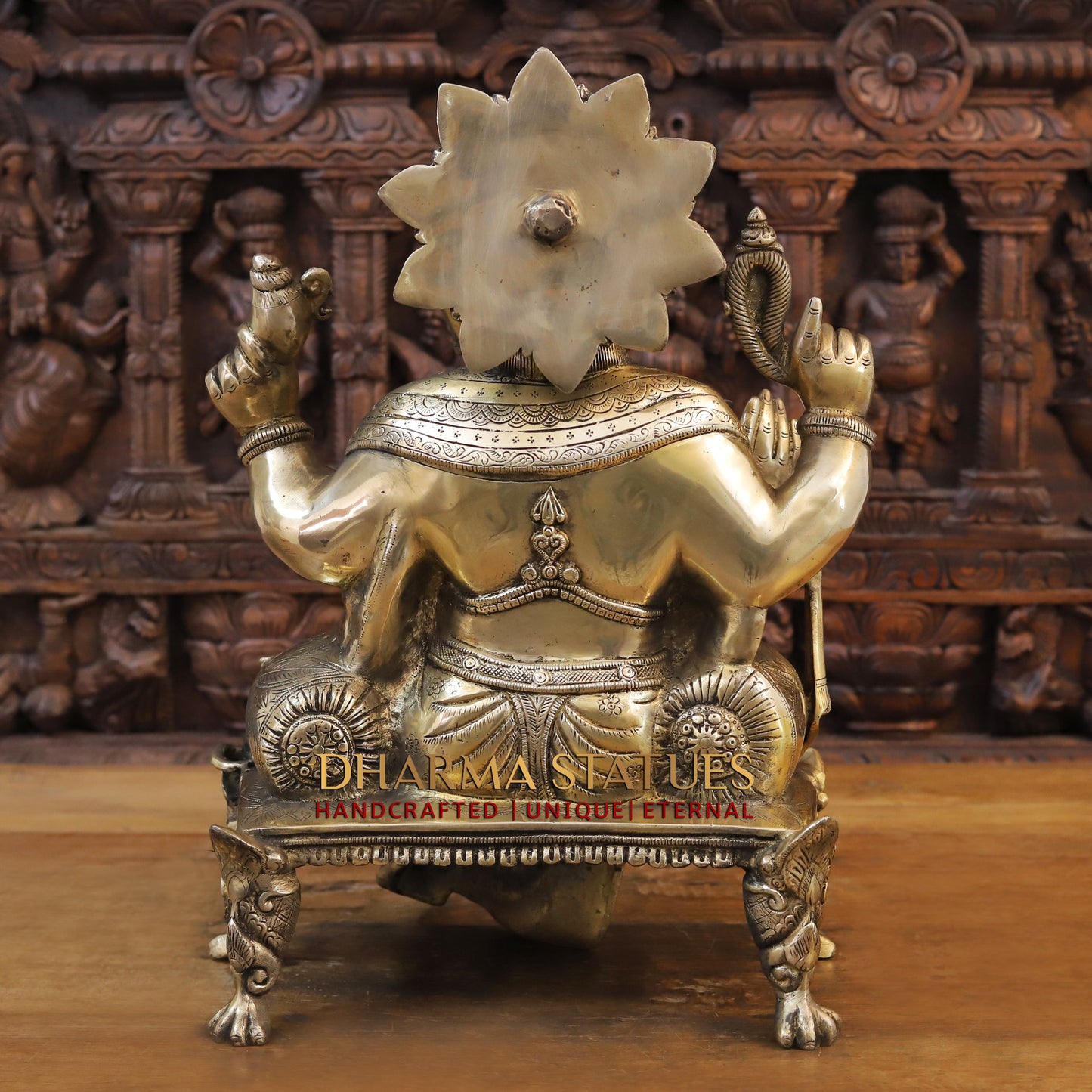 Brass Ganesh seated on Chowki, Blessing posture, Golden Finish, 20"