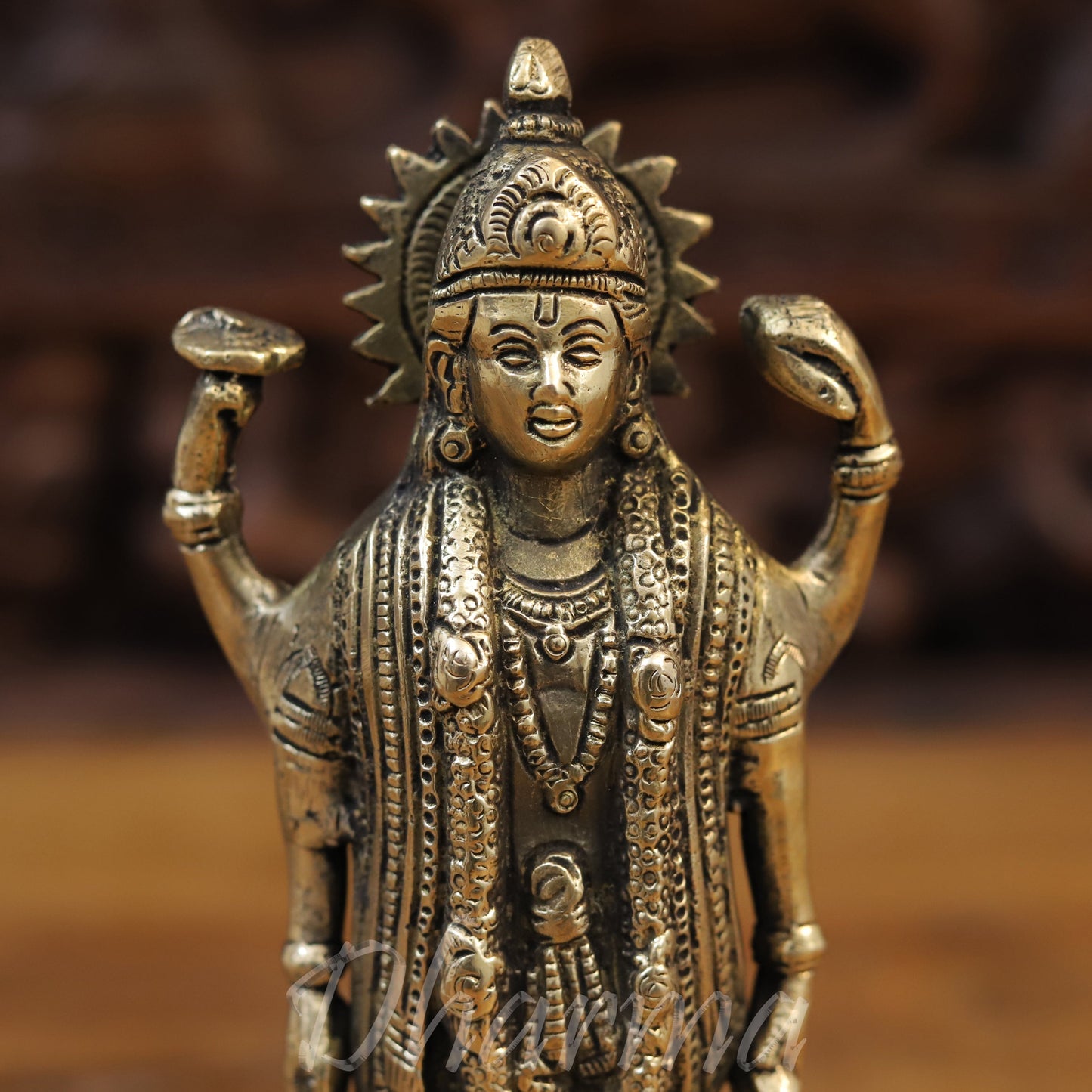 Brass Lord Vishnu Statue Standing on Lotus, Fine Golden Finish, 8.5"