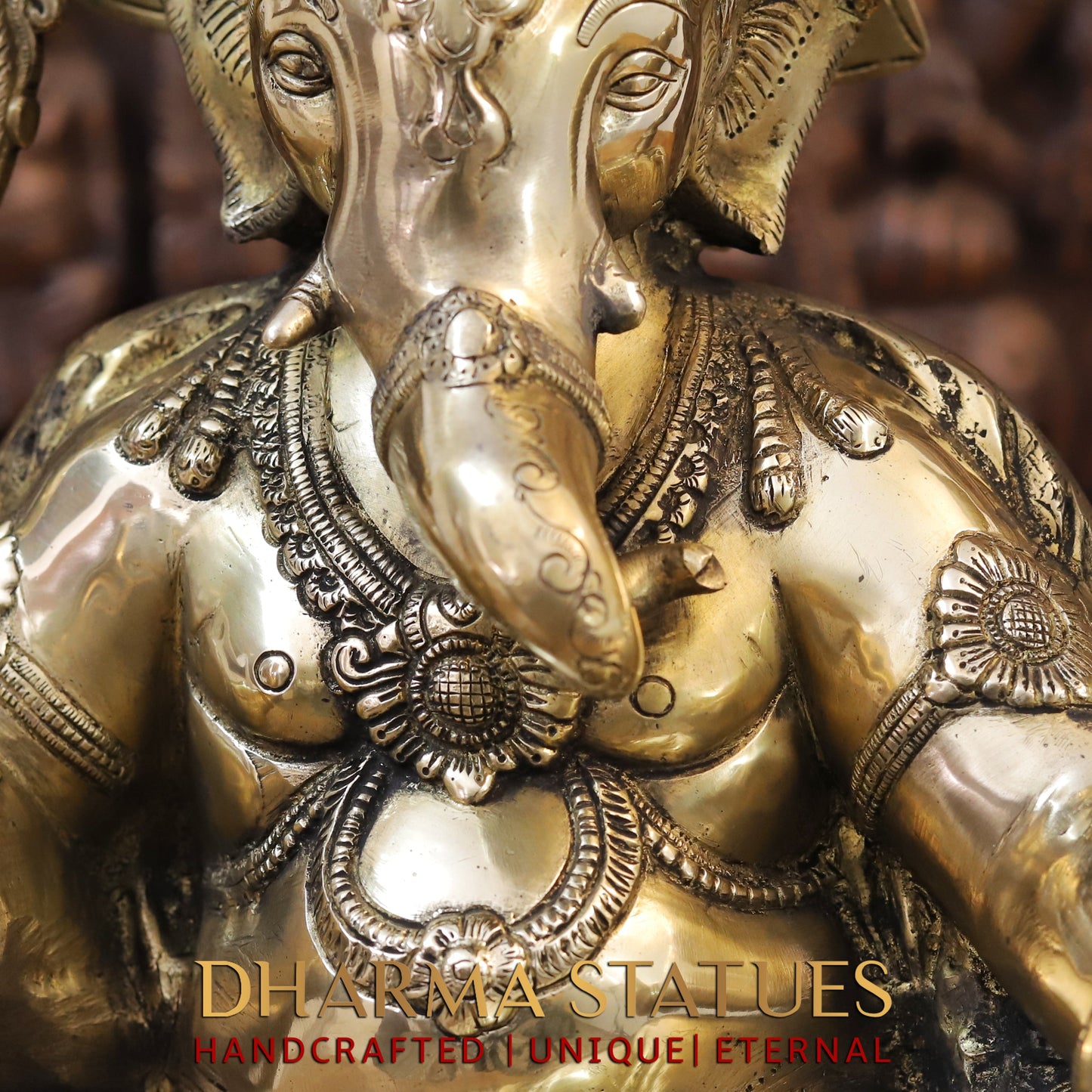 Brass Ganesh seated on Chowki, Blessing posture, Golden Finish, 20"