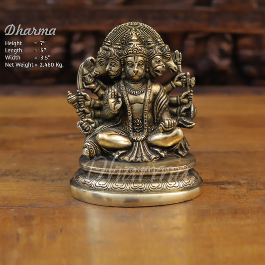 Brass Panchmukhi Hanuman Seated, Fine Golden Finish, 7"