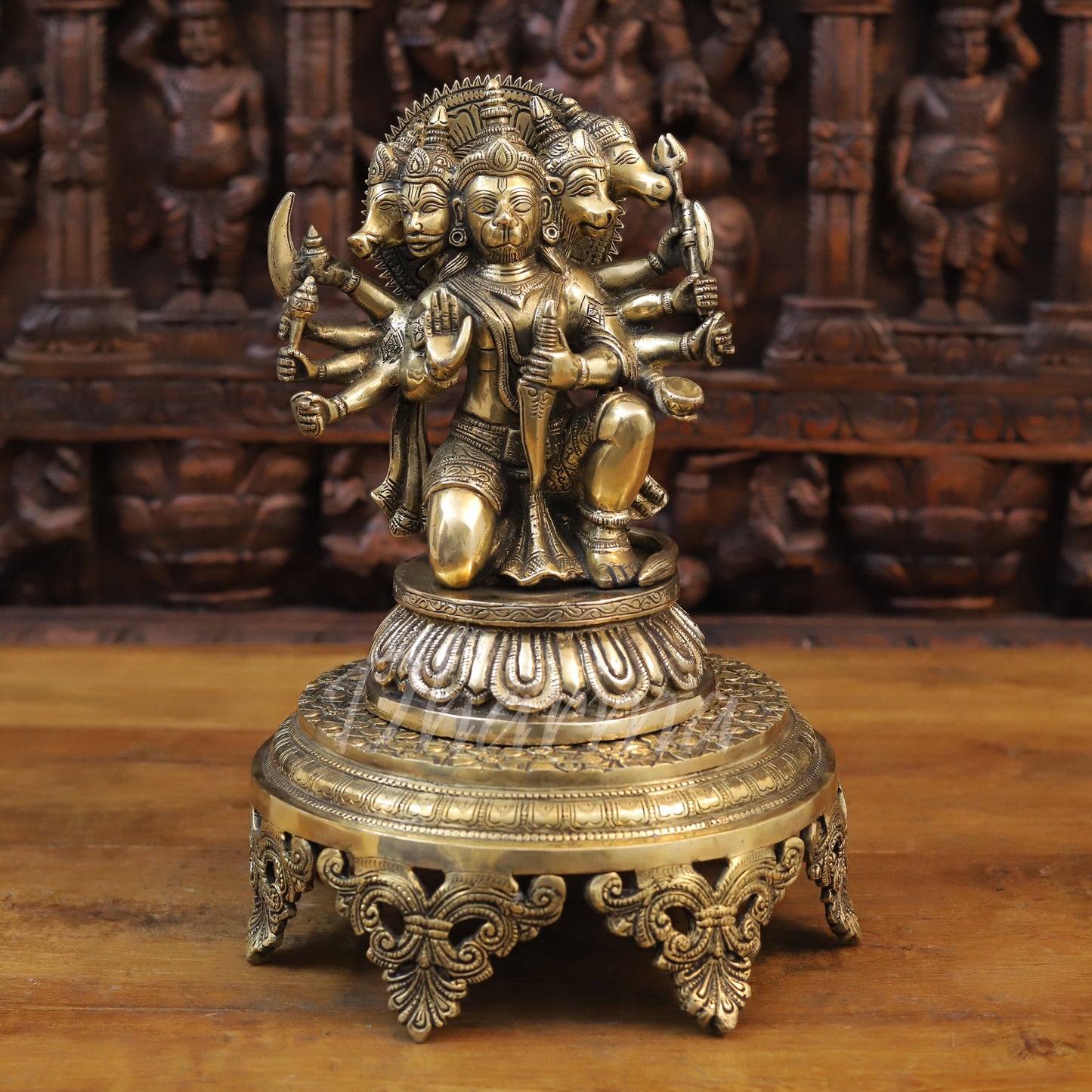 Brass Panchmukhi Hanuman Seated, Fine Golden Finish, 10"