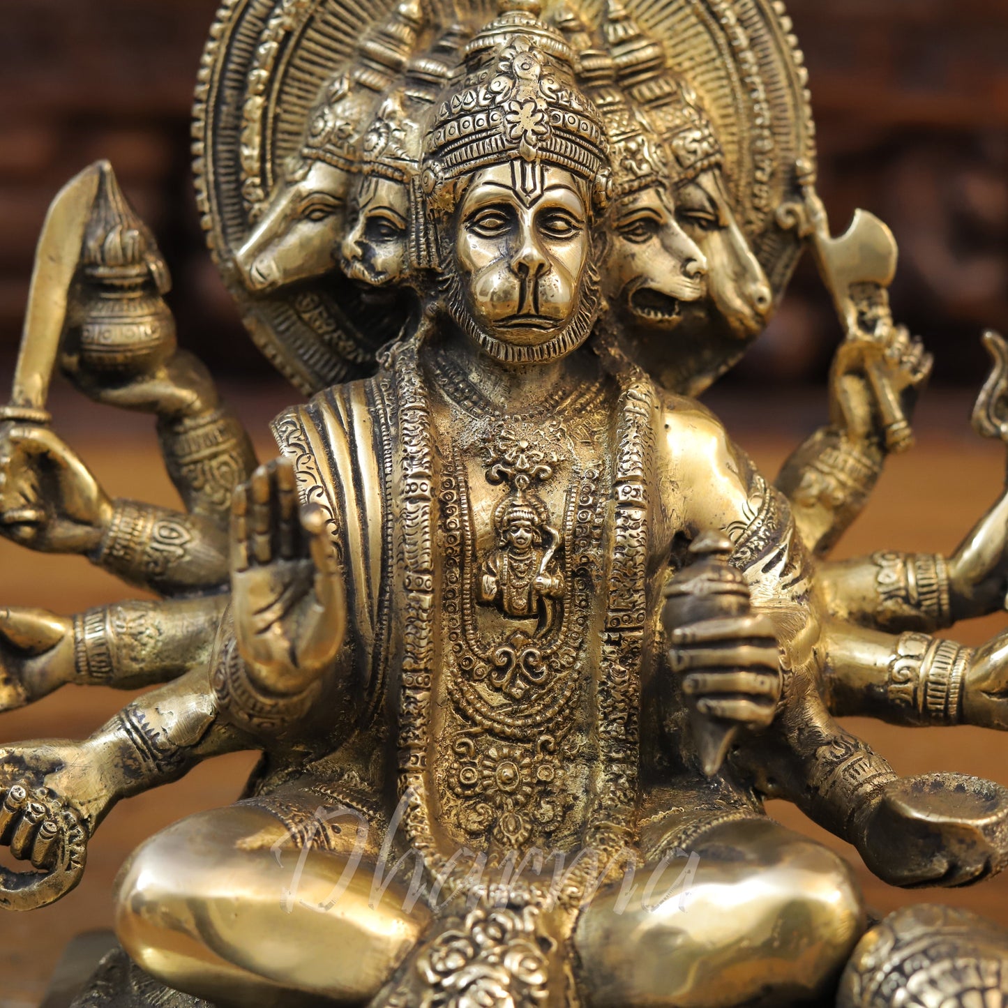 Brass Panchmukhi Hanuman Seated, Fine Golden Finish, 9"