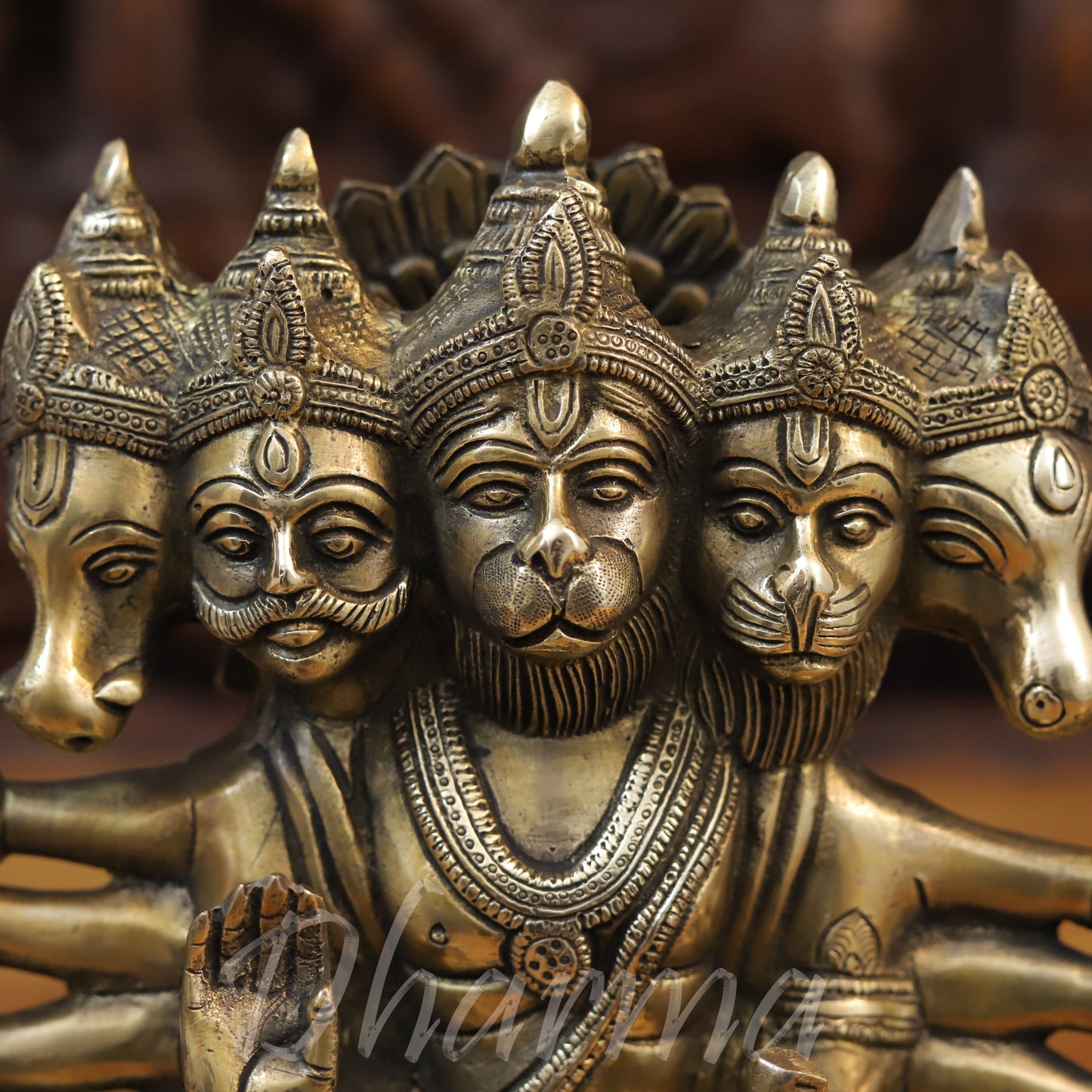 Brass Panchmukhi Hanuman Seated in Blessing Posture, Fine Golden Finish, 11"