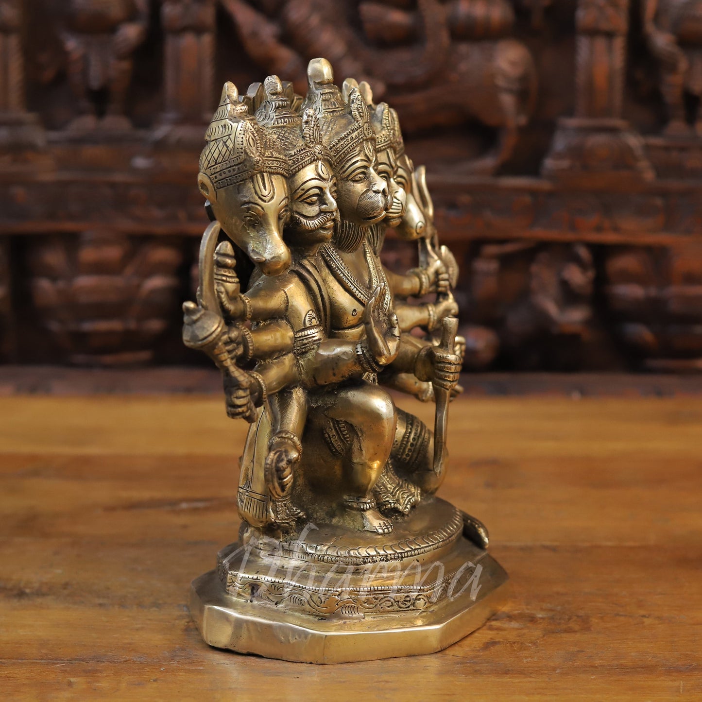 Brass Panchmukhi Hanuman Seated in Blessing Posture, Fine Golden Finish, 11"