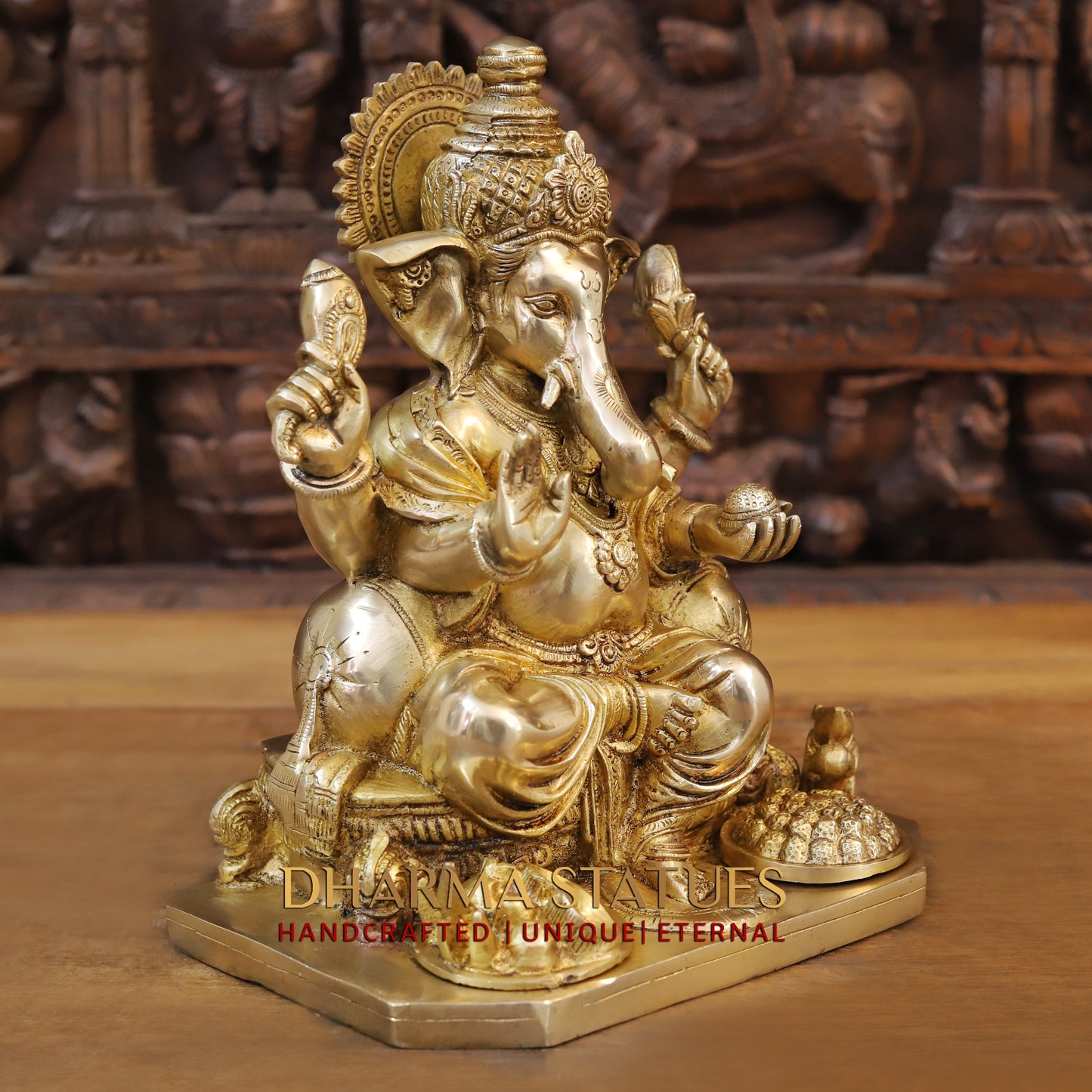 Brass Ganesh seated, Blessing Posture, Golden Finish, 12"