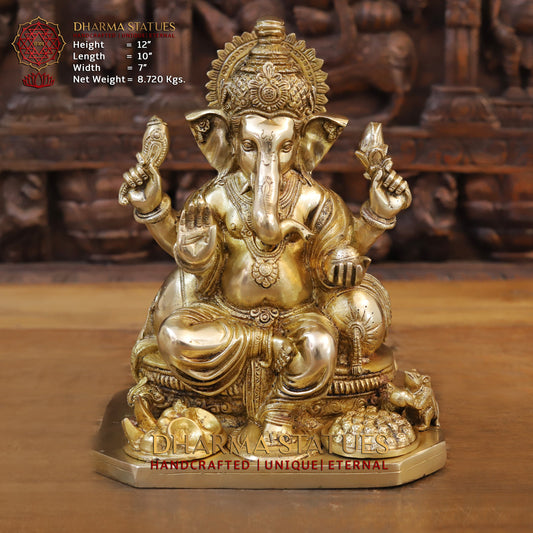 Brass Ganesh seated, Blessing Posture, Golden Finish, 12"
