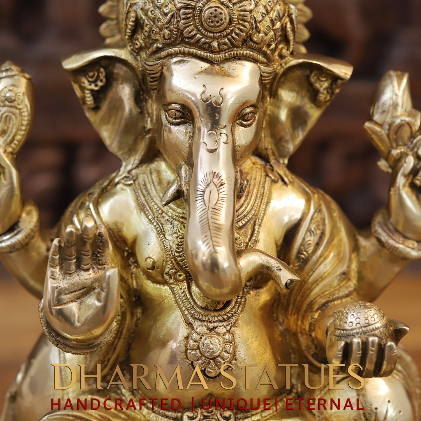Brass Ganesh seated, Blessing Posture, Golden Finish, 12"