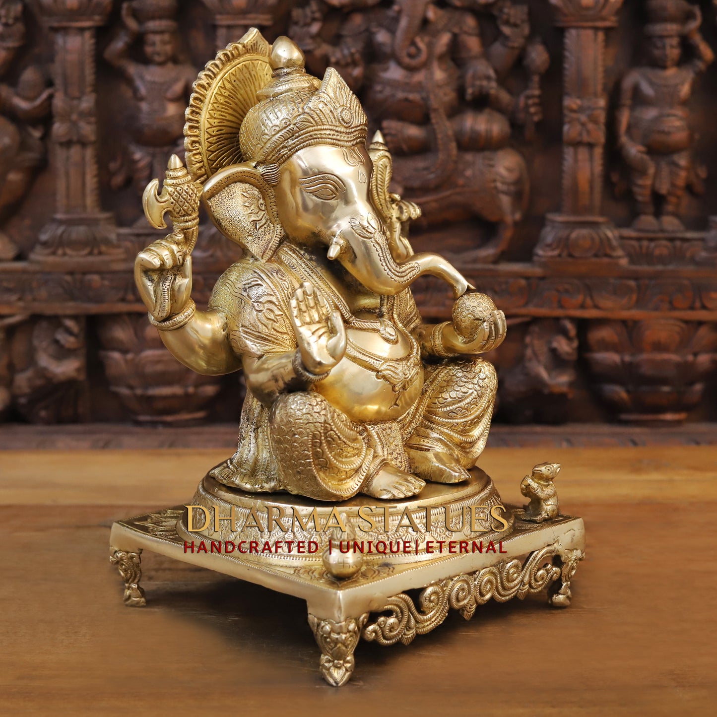 Brass Ganesh seated on Chowki, Blessing Posture, Golden Finish, 15.5"