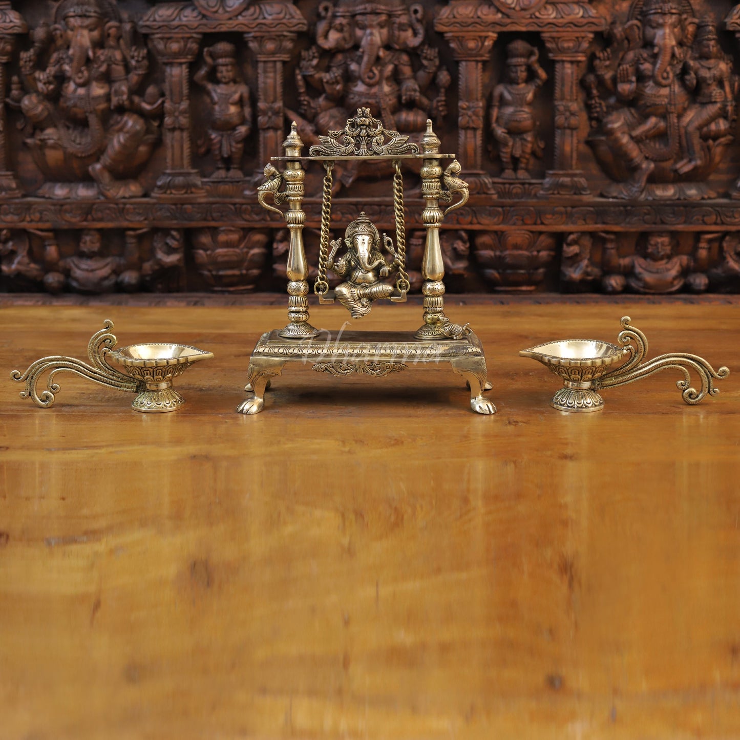Brass Ganesh on Swing, Golden Finish, 13"
