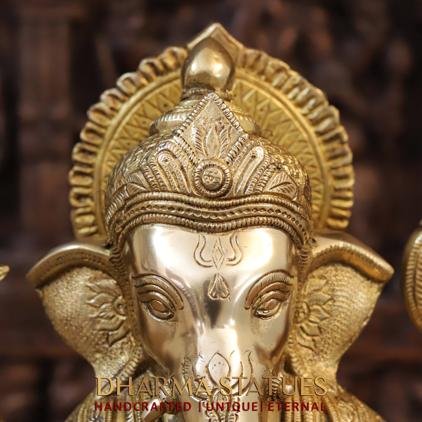 Brass Ganesh seated on Chowki, Blessing Posture, Golden Finish, 15.5"