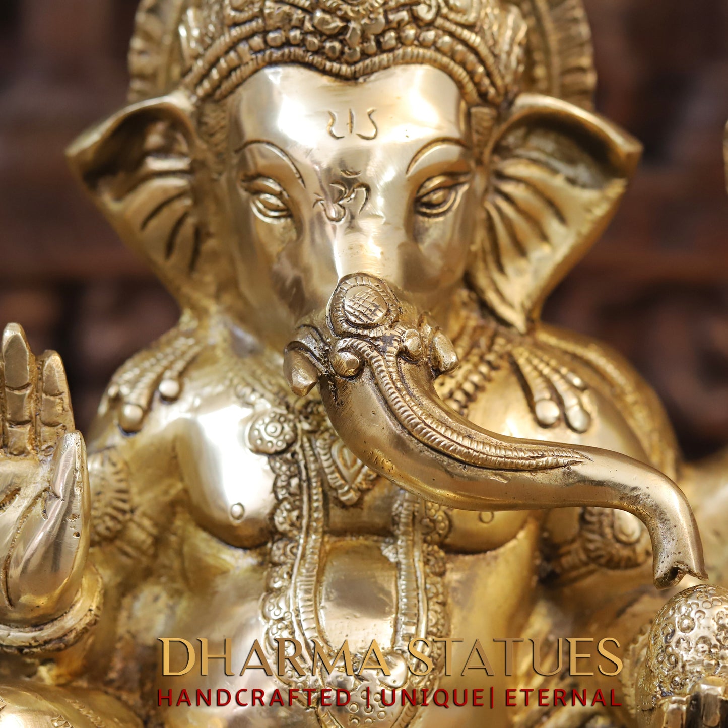 Brass Ganesh seated, Blessing Posture, Golden Finish, 12"