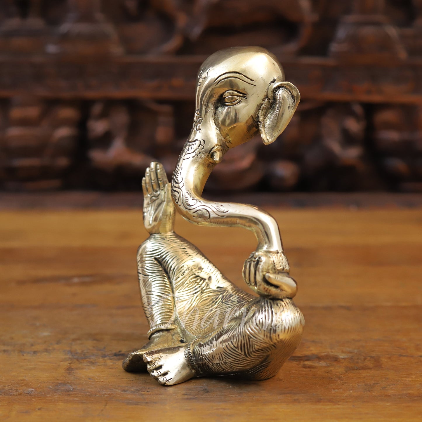 Brass Modern Ganesh seated in Blessing Posture, Golden Finish, 8"