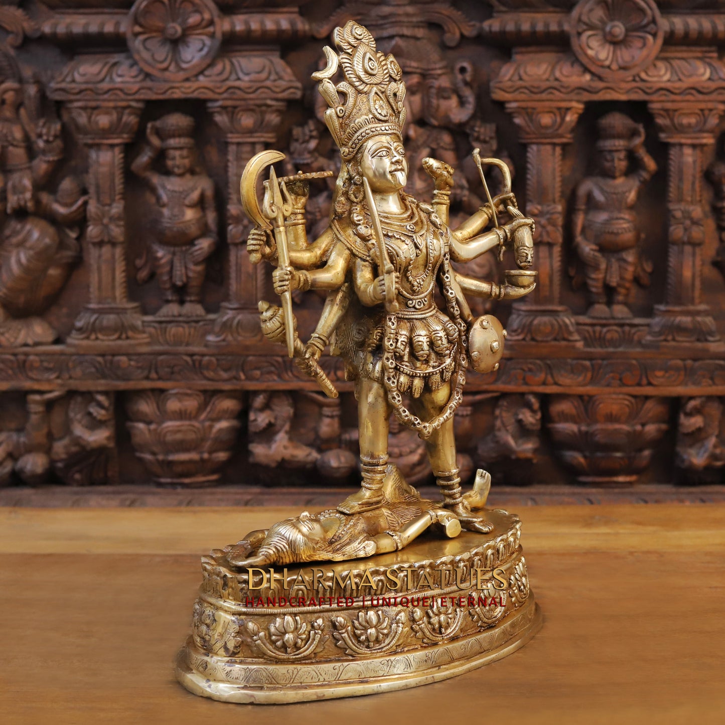 Brass Mahakaali, Durga Killing the Demon, Golden Finish, 20"