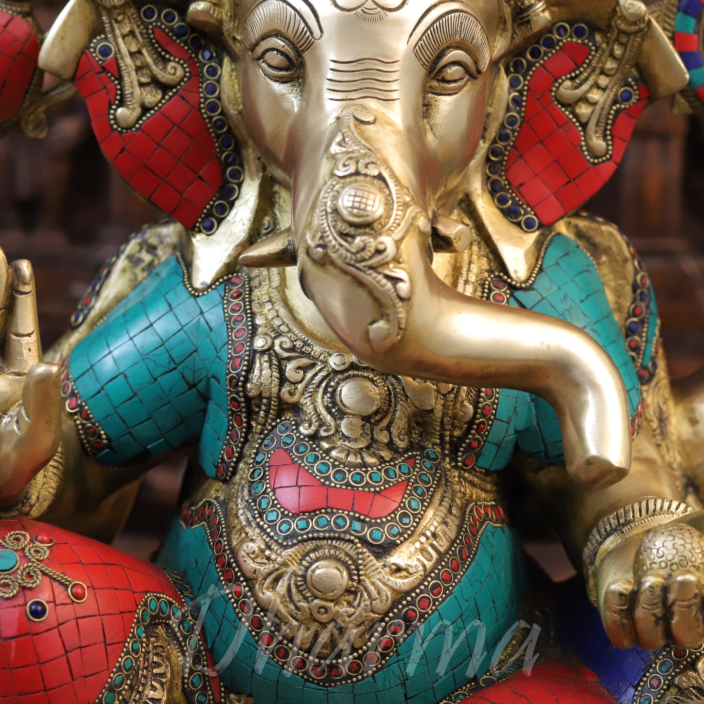Brass Ganesh seated on Lotus, Stonework & Golden Finish, 21"