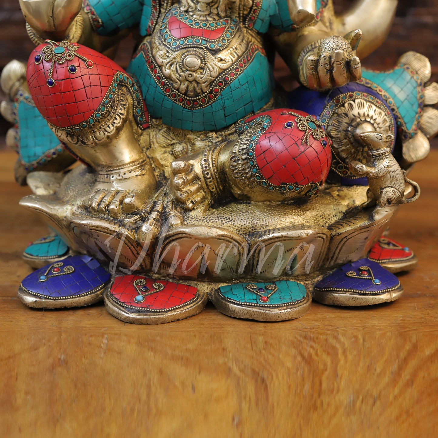 Brass Ganesh seated on Lotus, Stonework & Golden Finish, 21"