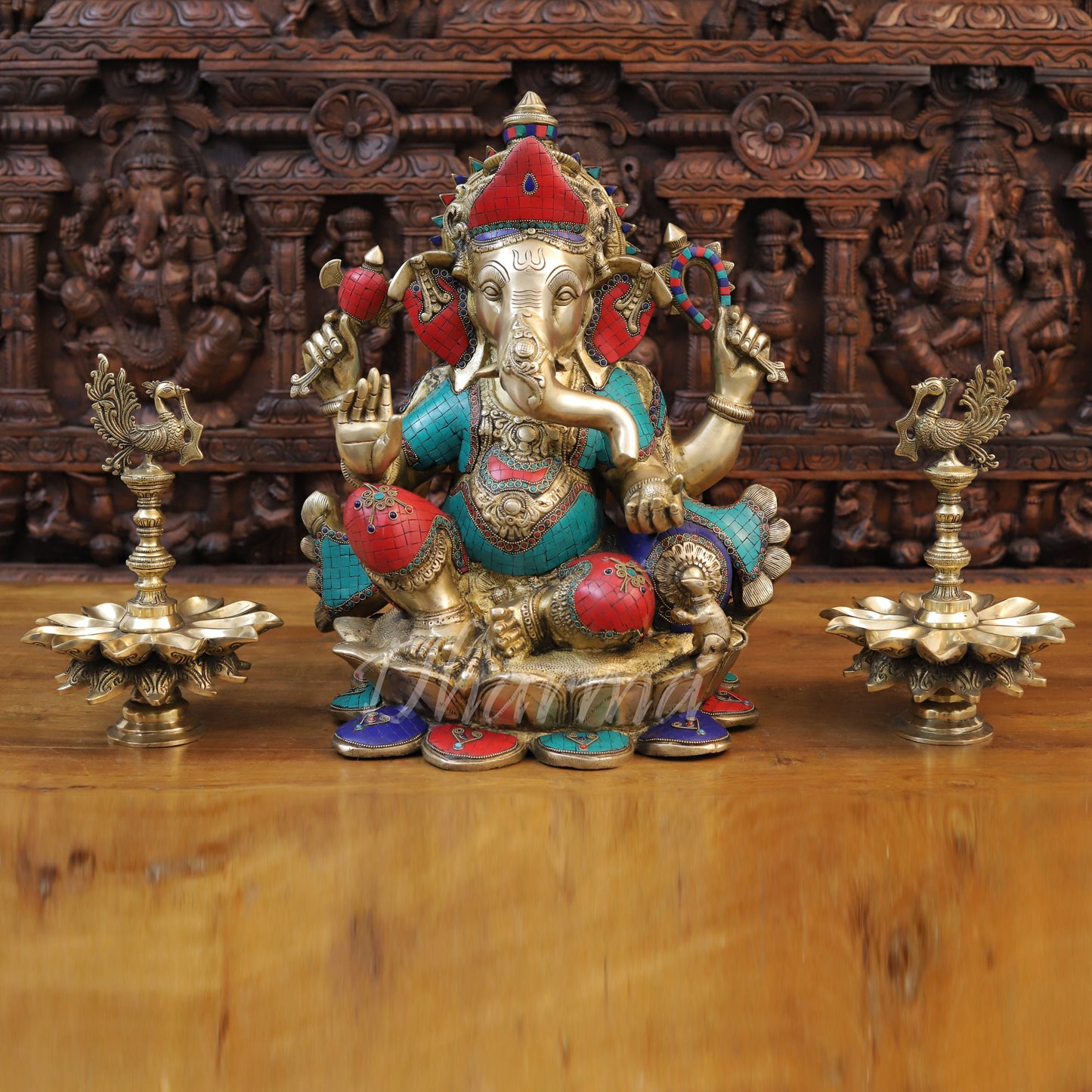 Brass Ganesh seated on Lotus, Stonework & Golden Finish, 21"