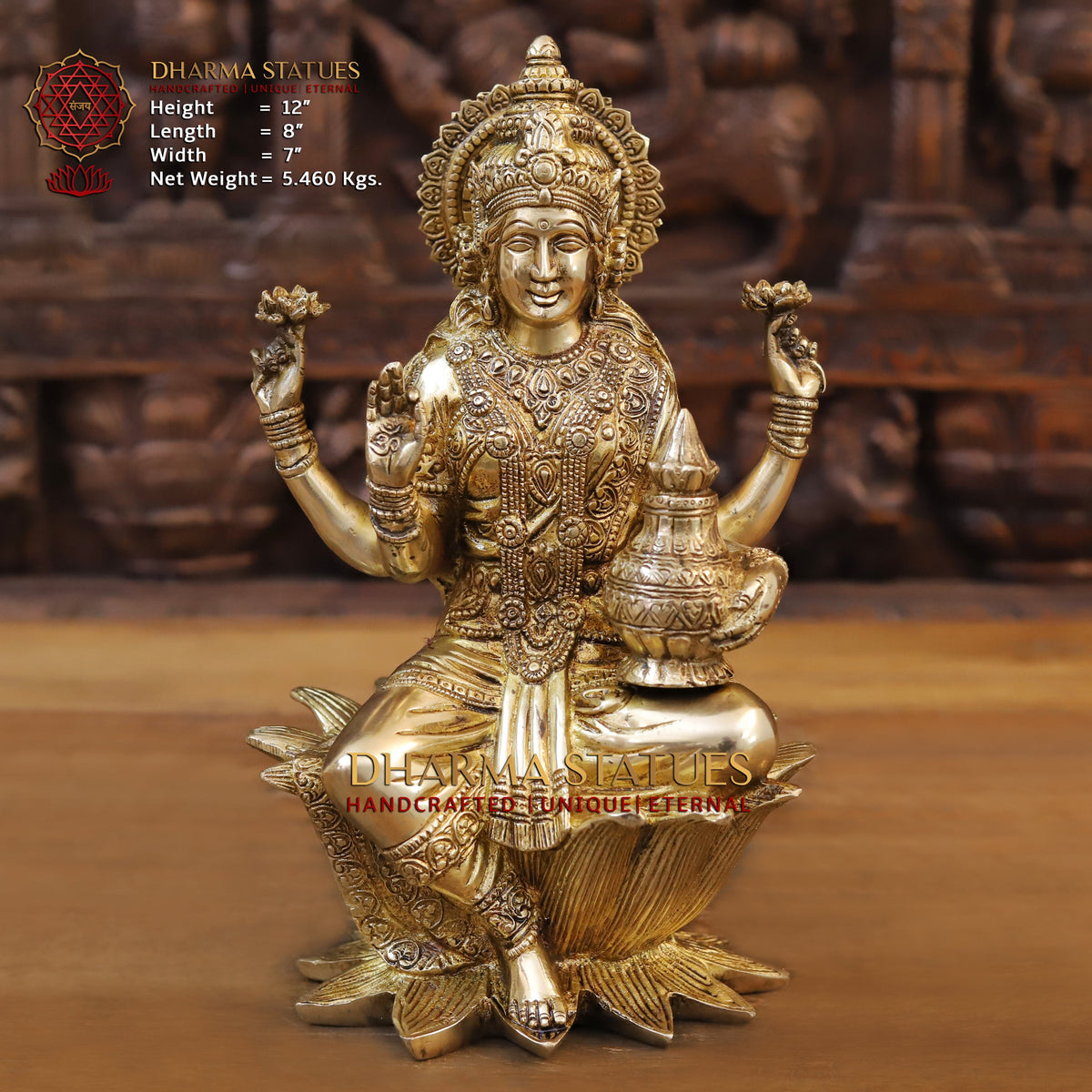 Brass Lakshmi seated on Lotus, Blessing Posture, Golden Finish, 12"