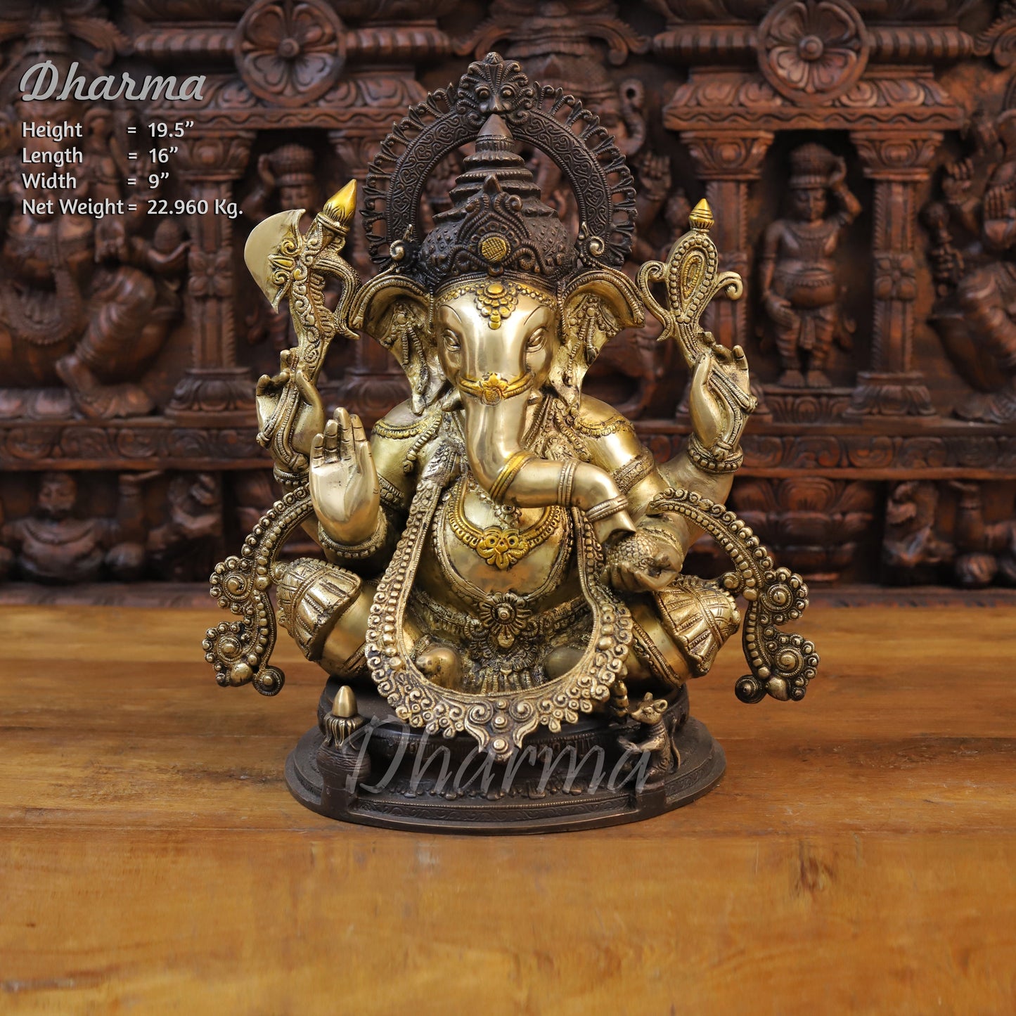 Brass Ganesh seated on Base with Fine Carved jewelry, Copper & Golden Finish, 19.5"
