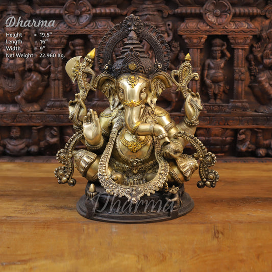 Brass Ganesh seated on Base with Fine Carved jewelry, Copper & Golden Finish, 19.5"