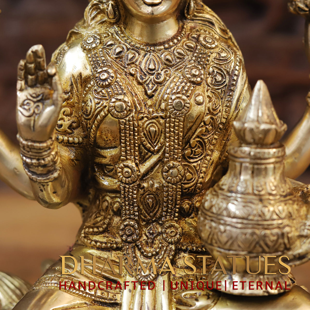 Brass Lakshmi seated on Lotus, Blessing Posture, Golden Finish, 12"