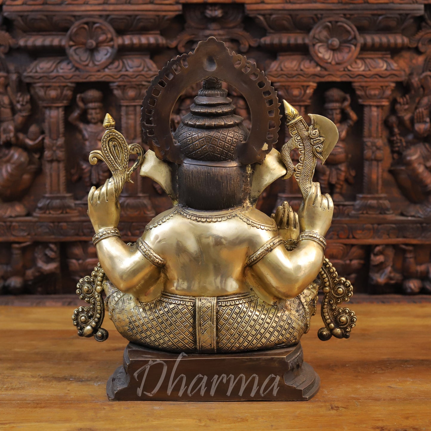 Brass Ganesh seated on Base with Fine Carved jewelry, Copper & Golden Finish, 19.5"