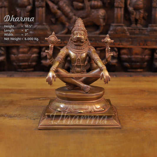 Brass Narasimha Statue in Yoga Mudra, Copper Finish, 10.5"