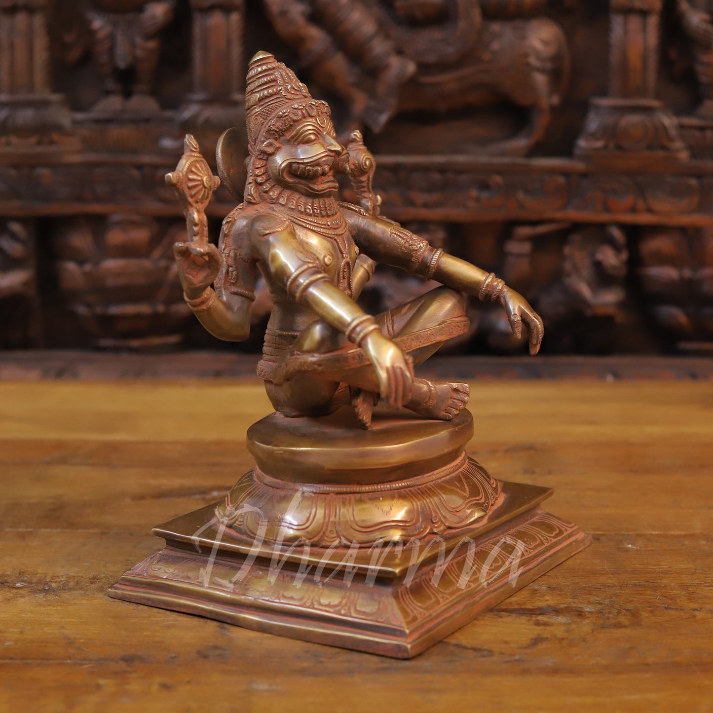 Brass Narasimha Statue in Yoga Mudra, Copper Finish, 10.5"