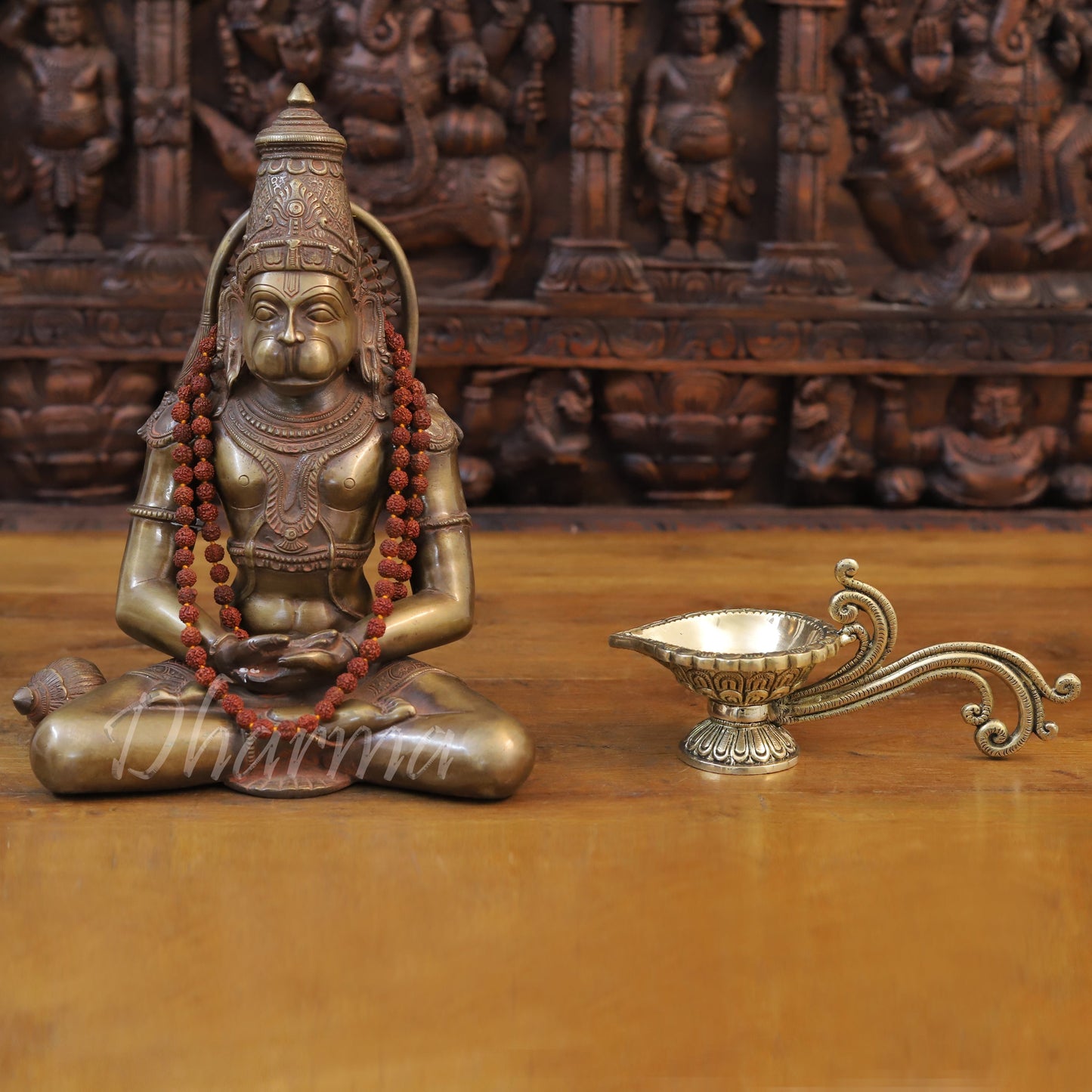 Brass Hanuman Idol, Seated in Dhyaan Mudra, Golden Finish with Brown Accents 13"