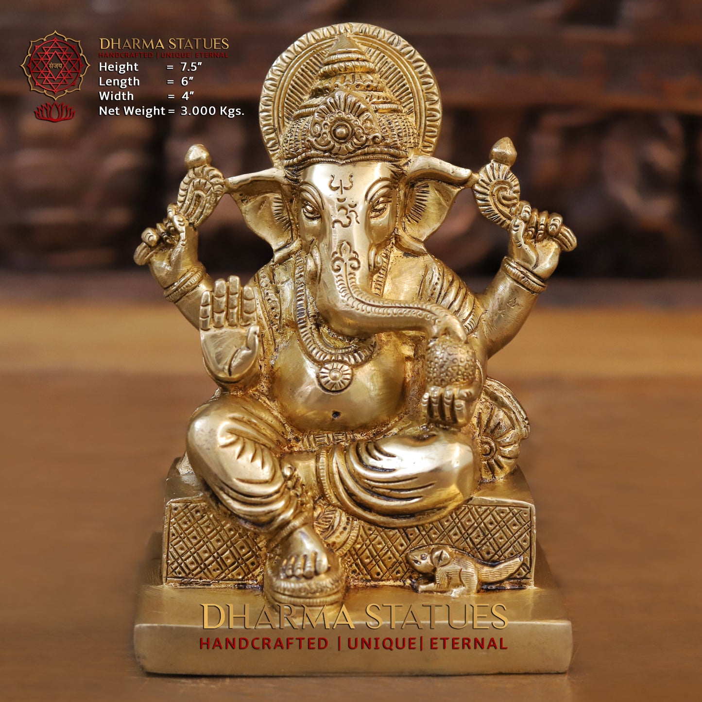 Brass Ganesh seated, Blessing Posture, Golden Finish, 7.5"