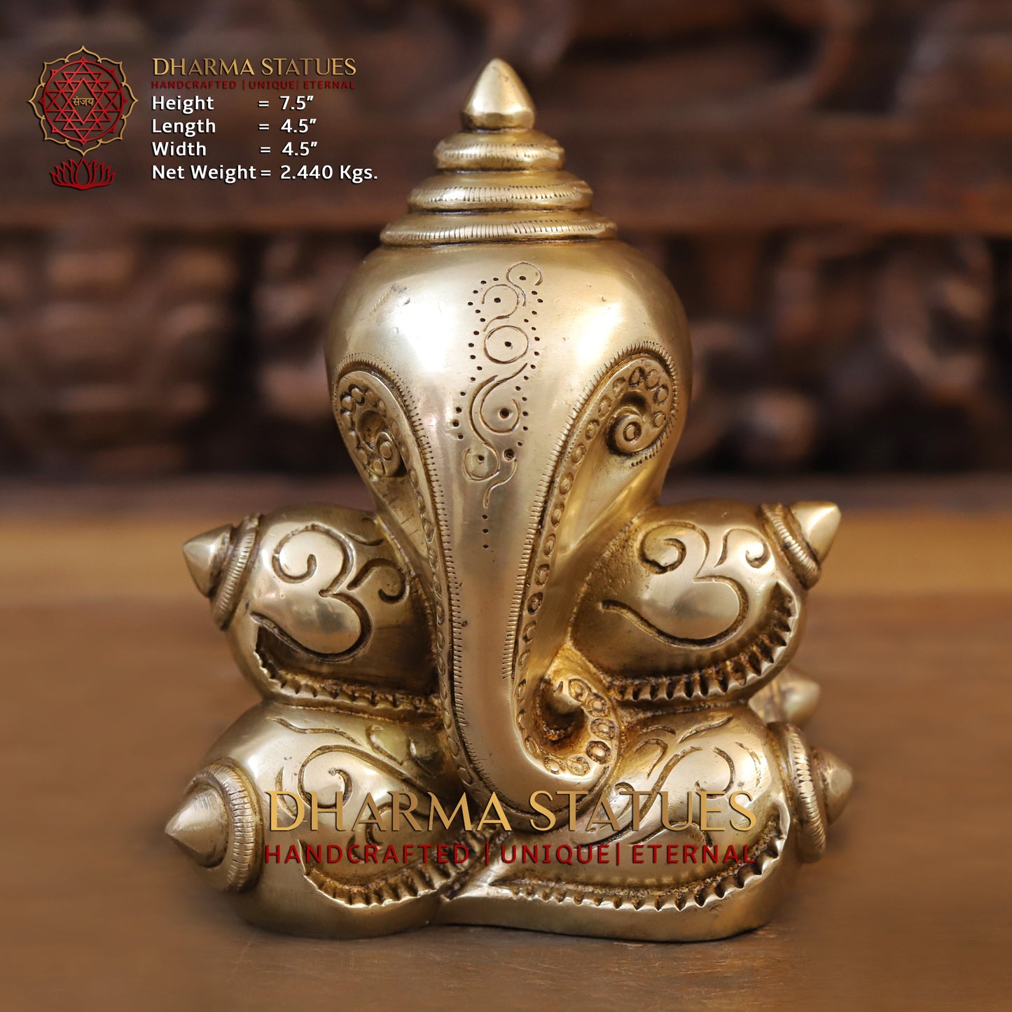 Brass Modern Shankhya Ganesha with OM inscriptions, Golden Finish, 7.5"
