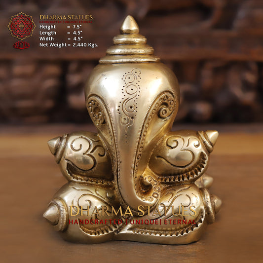 Brass Modern Shankhya Ganesha with OM inscriptions, Golden Finish, 7.5"