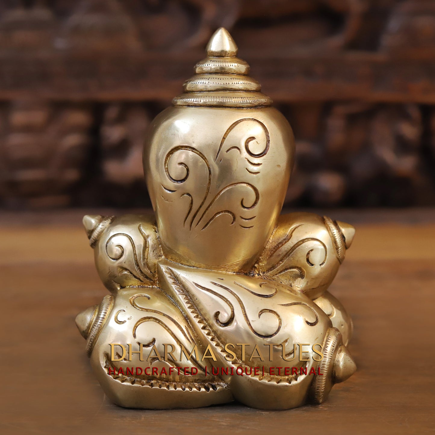 Brass Modern Shankhya Ganesha with OM inscriptions, Golden Finish, 7.5"