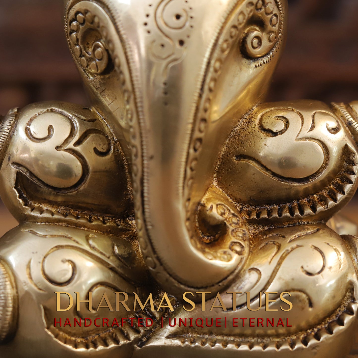 Brass Modern Shankhya Ganesha with OM inscriptions, Golden Finish, 7.5"