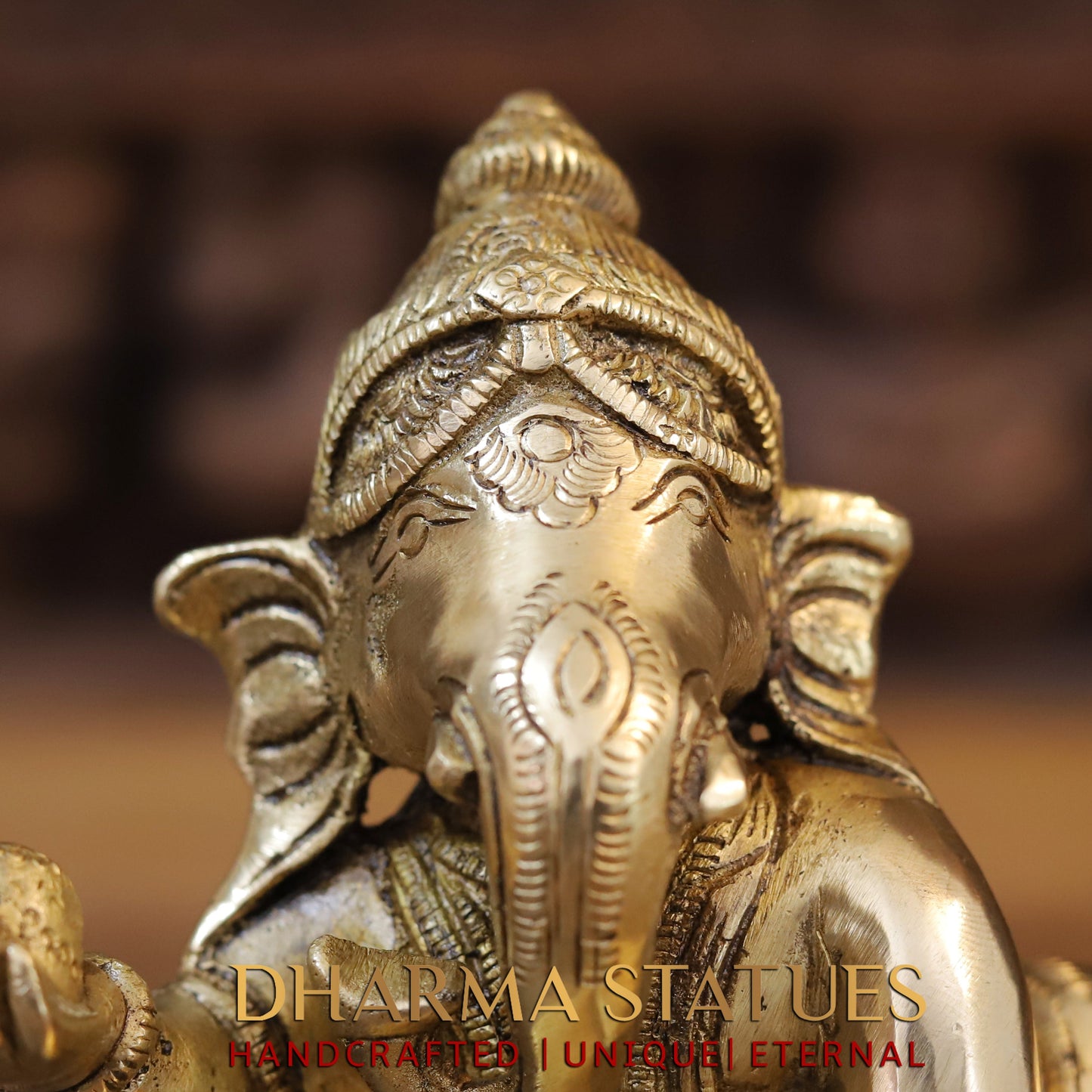 Brass Ganesh with Modak in Hands, Golden Finish, 6"