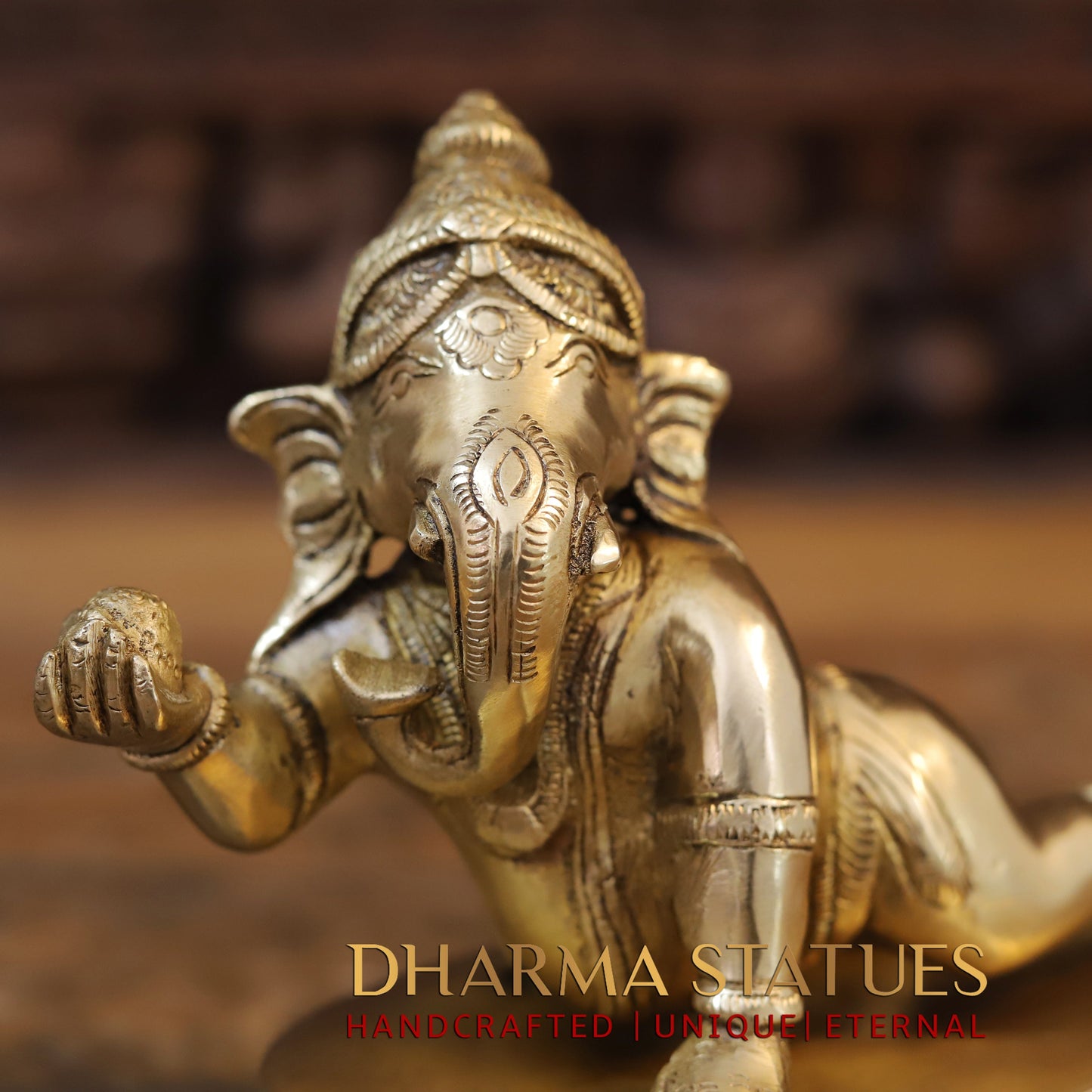 Brass Ganesh with Modak in Hands, Golden Finish, 6"