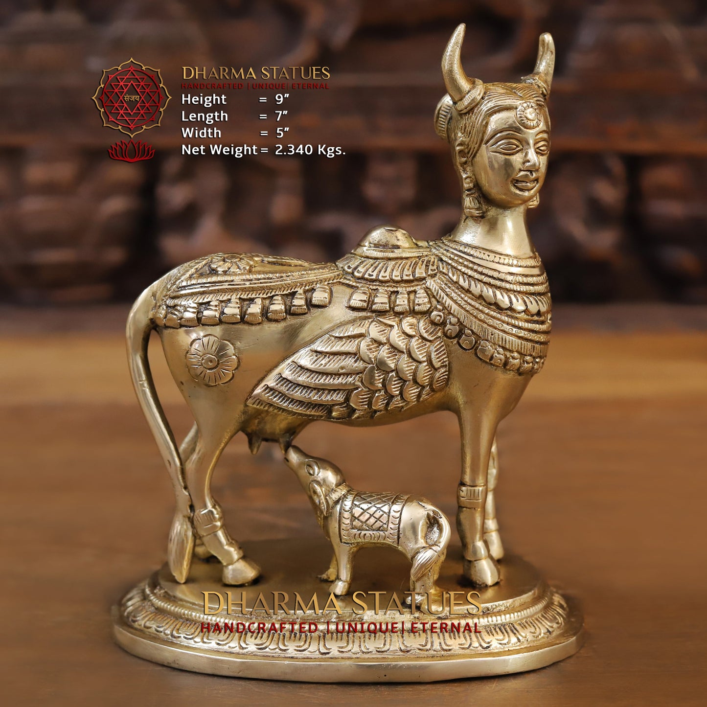 Brass Nandini Cow & Calf, Golden Finish, 9"