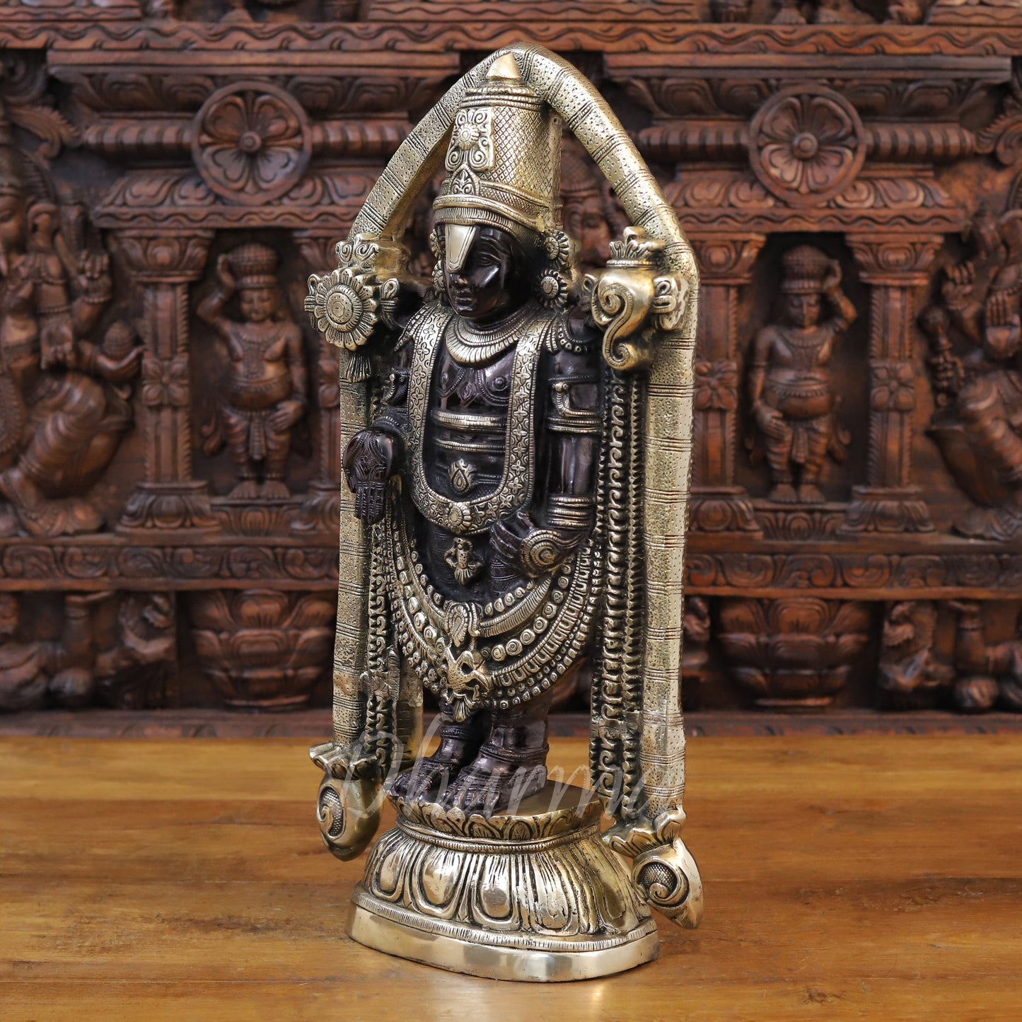 Brass Tirupati Balaji Idol, Black patina and Fine Golden Finish 23" side view