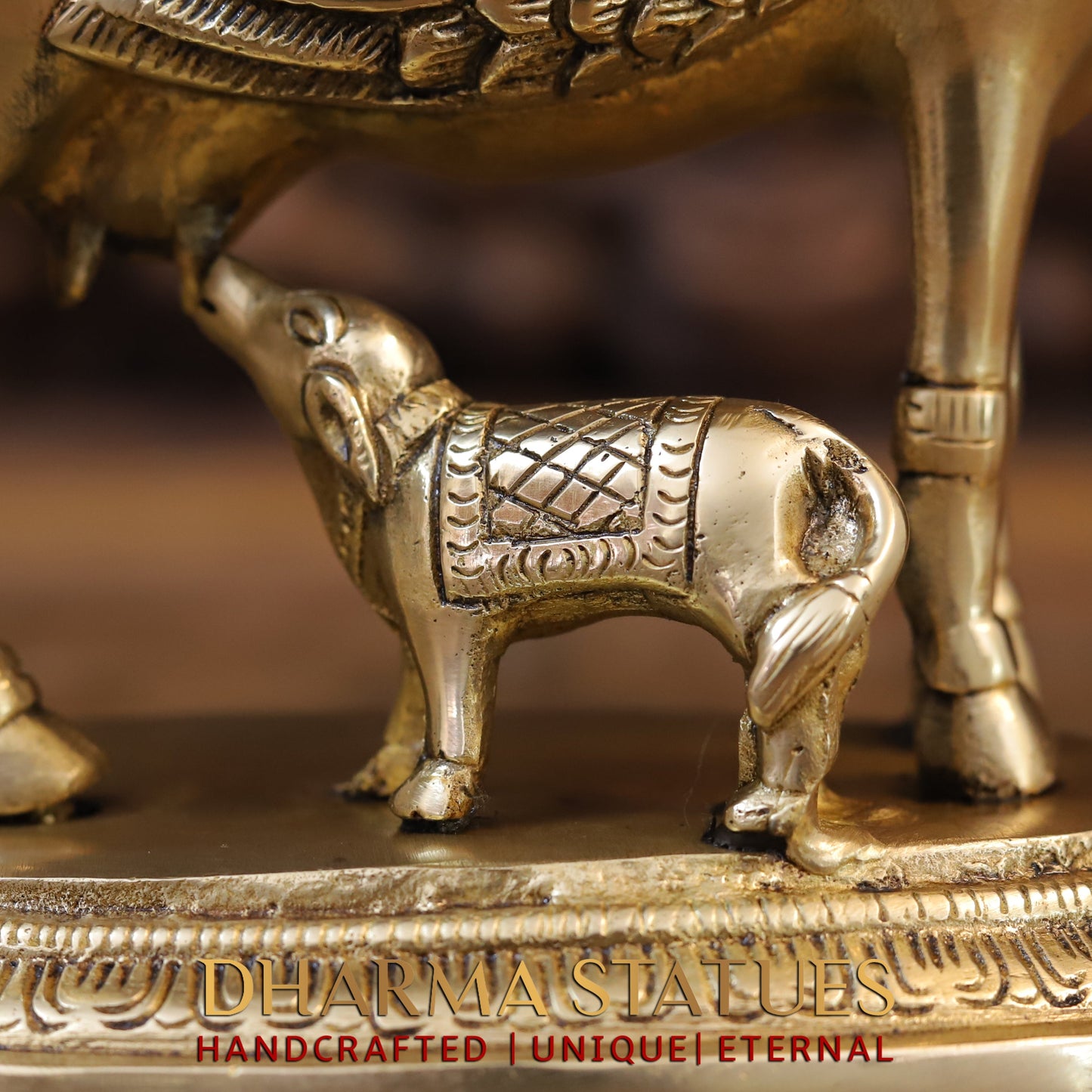 Brass Nandini Cow & Calf, Golden Finish, 9"