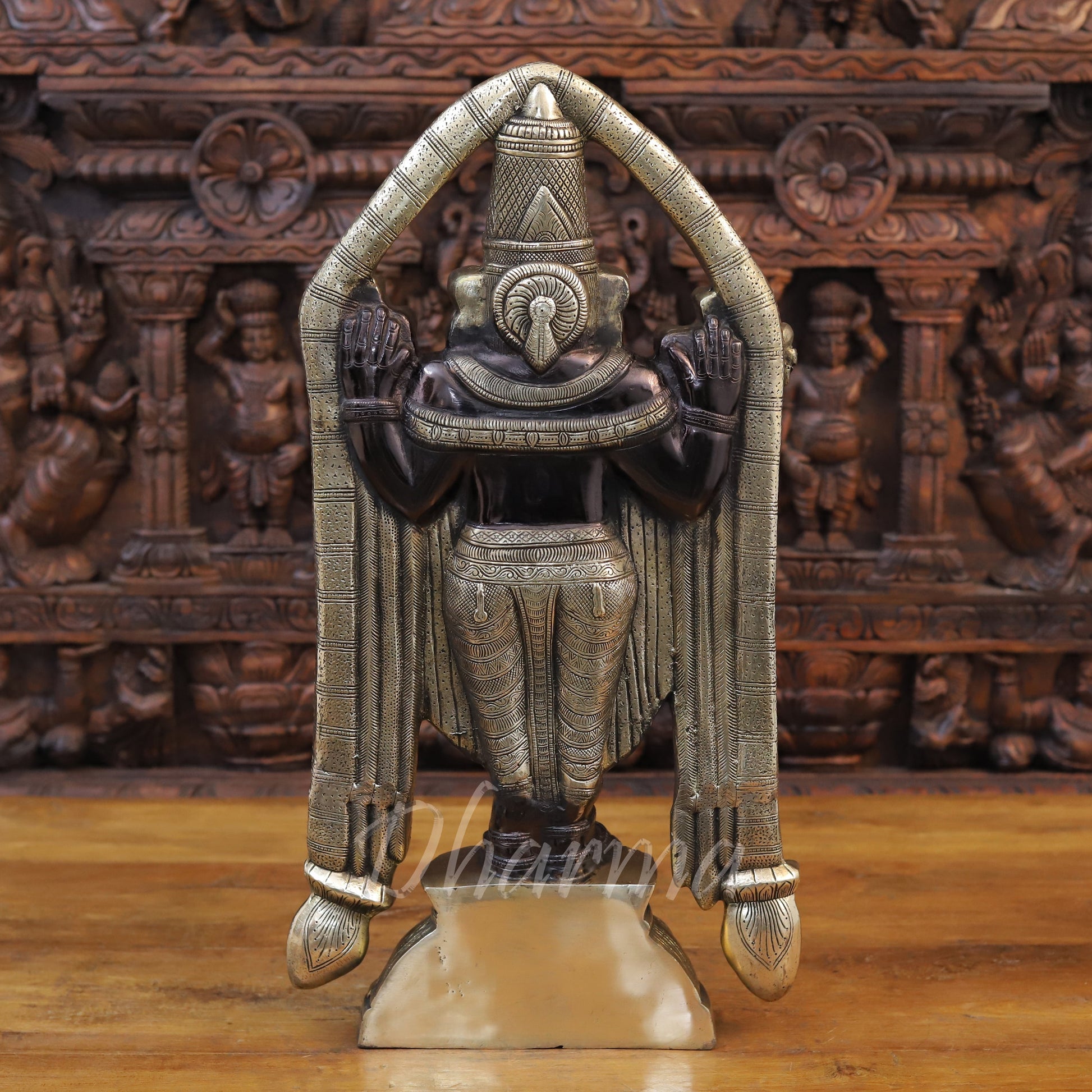 Brass Tirupati Balaji Idol, Black patina and Fine Golden Finish 23" back view