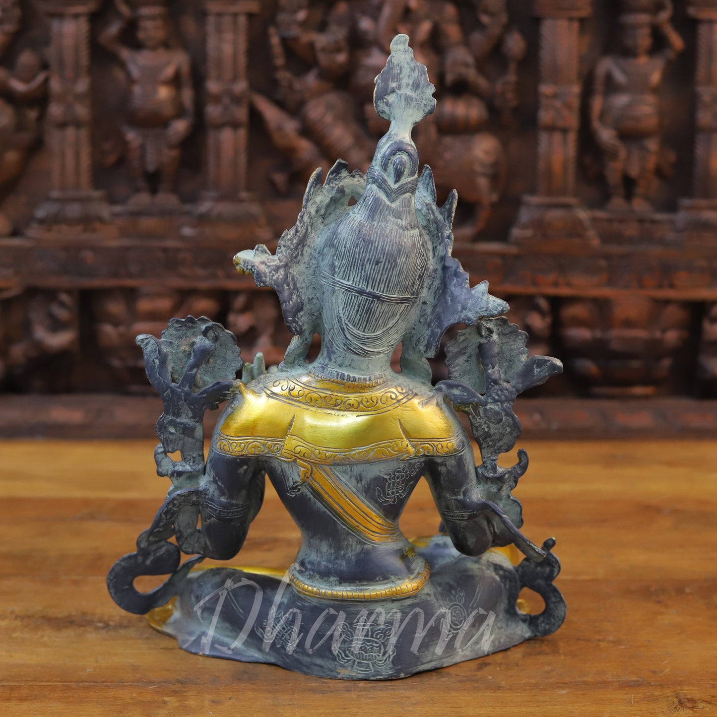Brass Tara Idol, Seated Under a Tree, Black patina and Golden Finish 15.5" back view