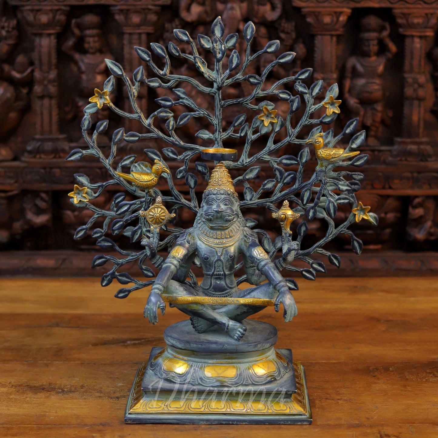 Brass Yoga Narsimha Idol, Black patina and Golden Finish 10.5"