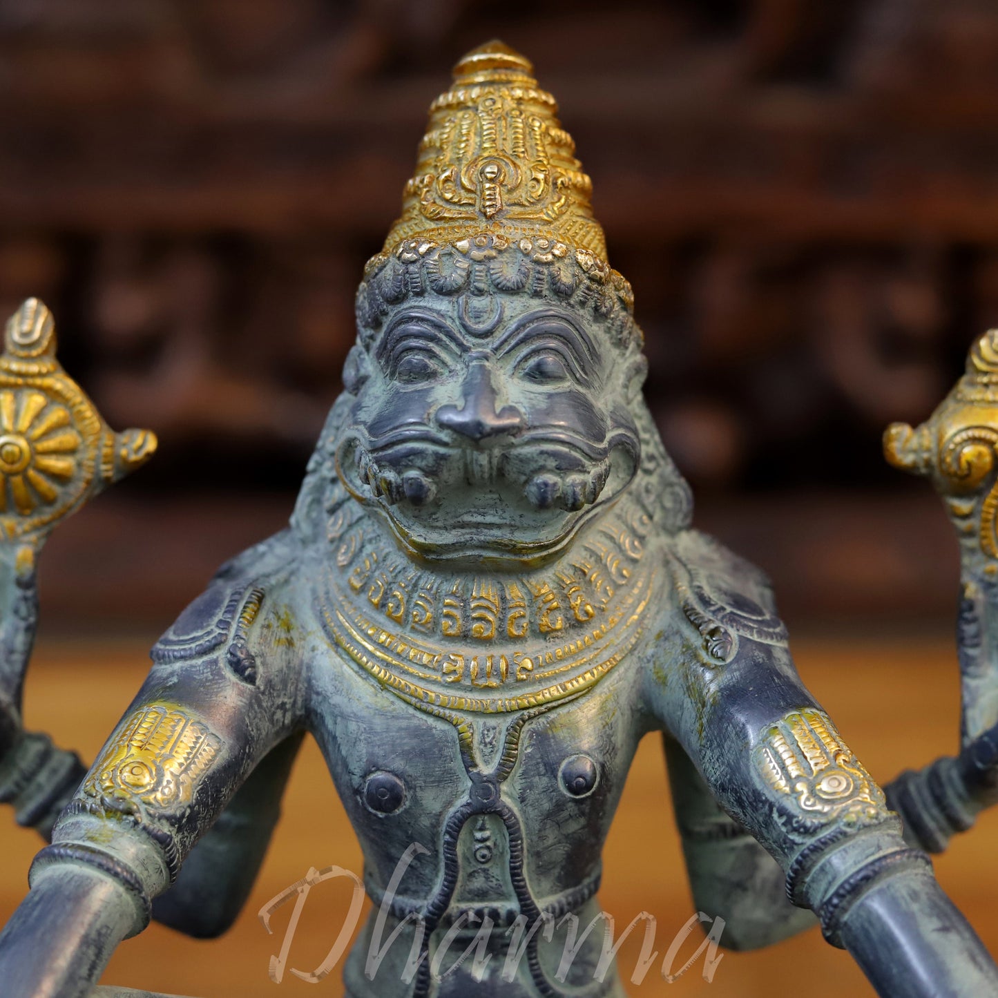 Brass Yoga Narsimha Idol, Black patina and Golden Finish 10.5"