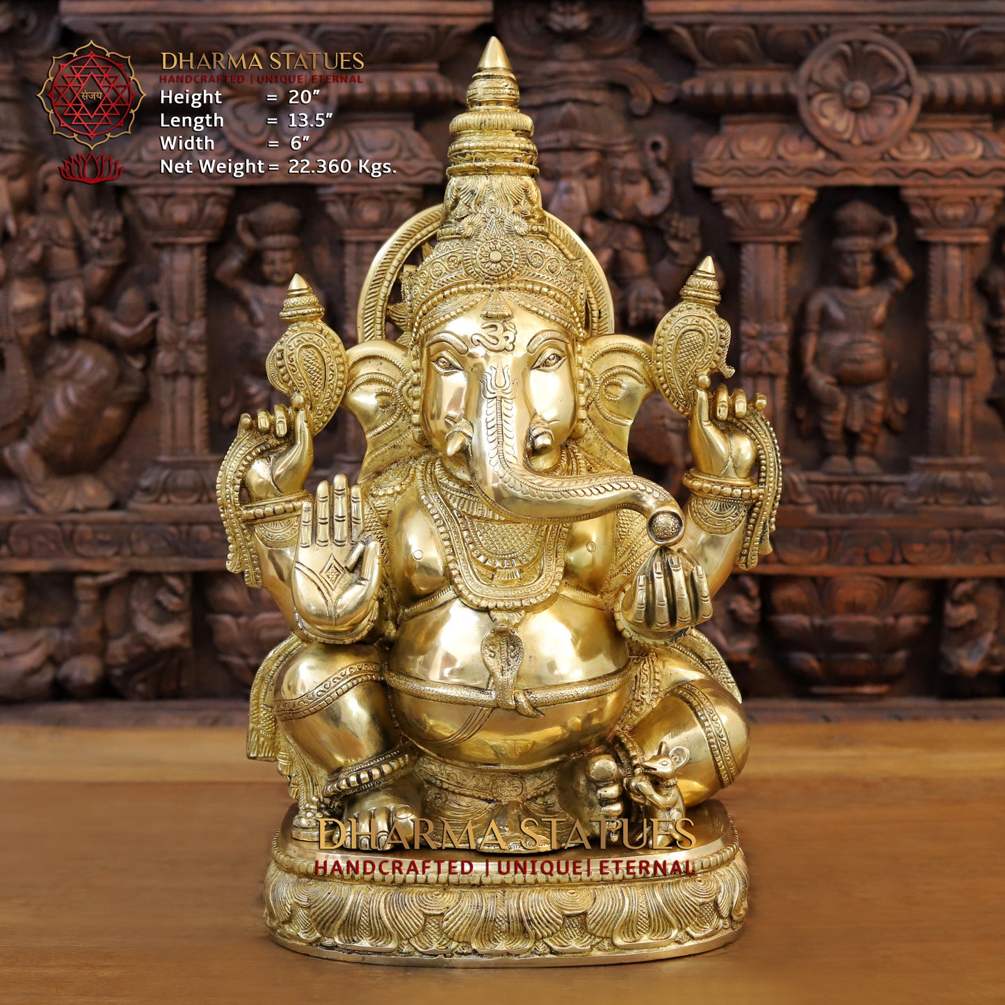 Brass Ganesha Idol, Seated in Blessing Posture, Fine Golden Finish 20"